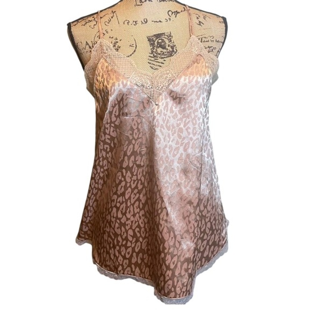 La Miel Womens Shiny Leopard Print Nighwear Satin Cami Tank Top Rosegold Medium